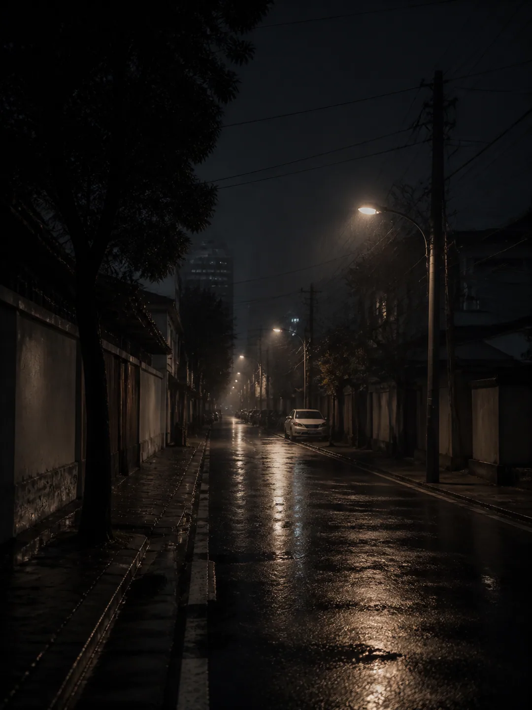 夜雨后的安静街道反射着暖色路灯